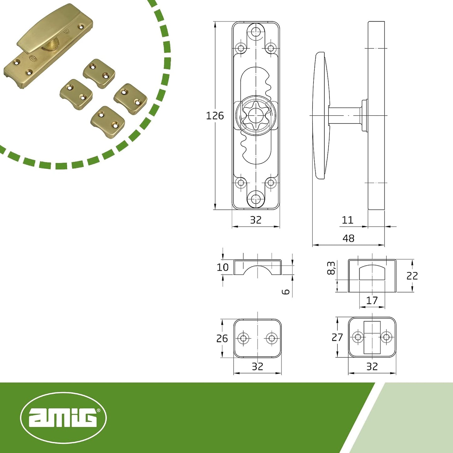 Amig - Model 19 Wall Lock For Windows - Gold - Brass Safety Lock With Handle, Includes Central Support + 4 Side Supports, Dimensions: 126 X 32 Mm, Gold