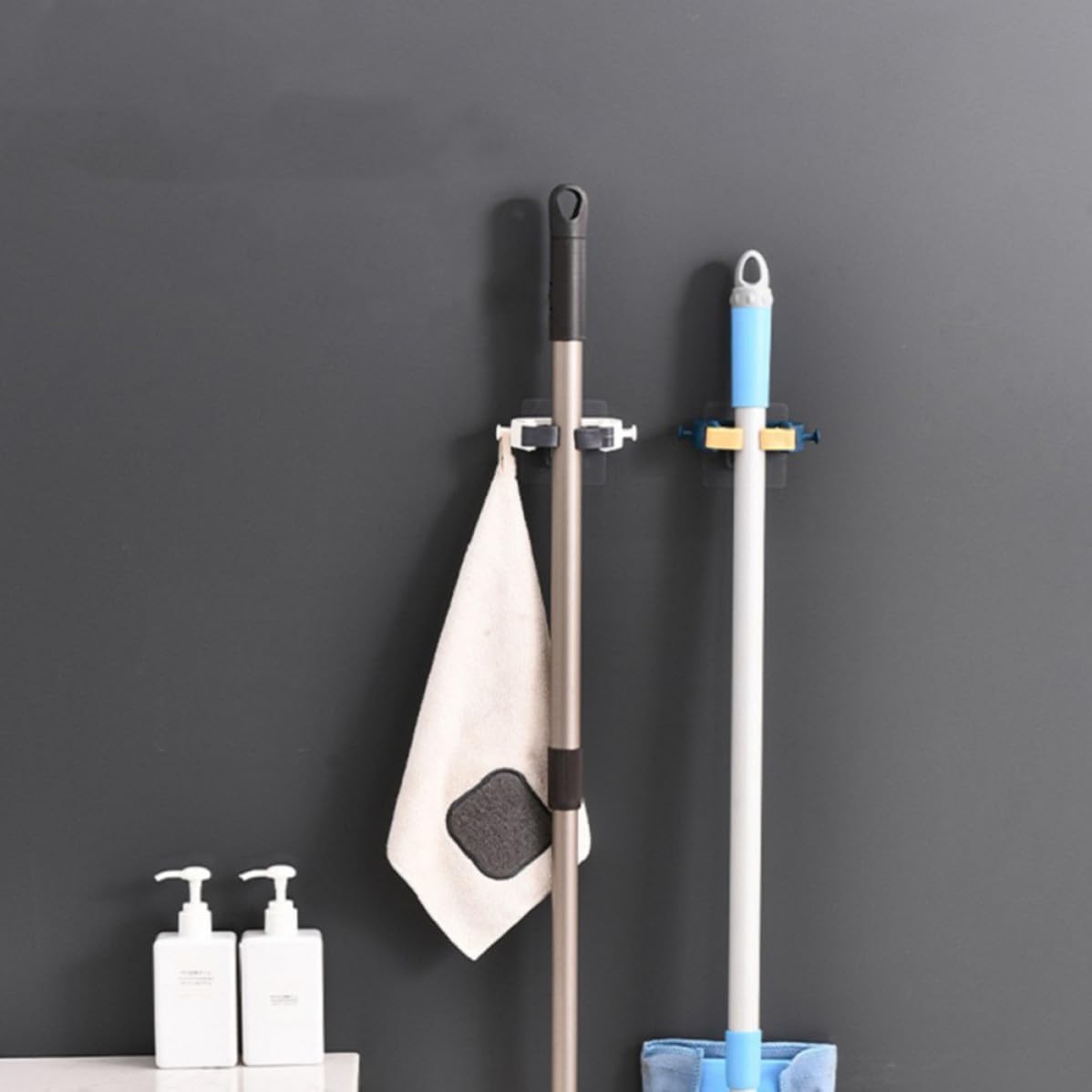  Jojofuny Porte-balai Mural 2pcs En Abs Bleu Sans Perçage, Résistant à L'usure, Organisateur De Balais Cuisine Et Garage
