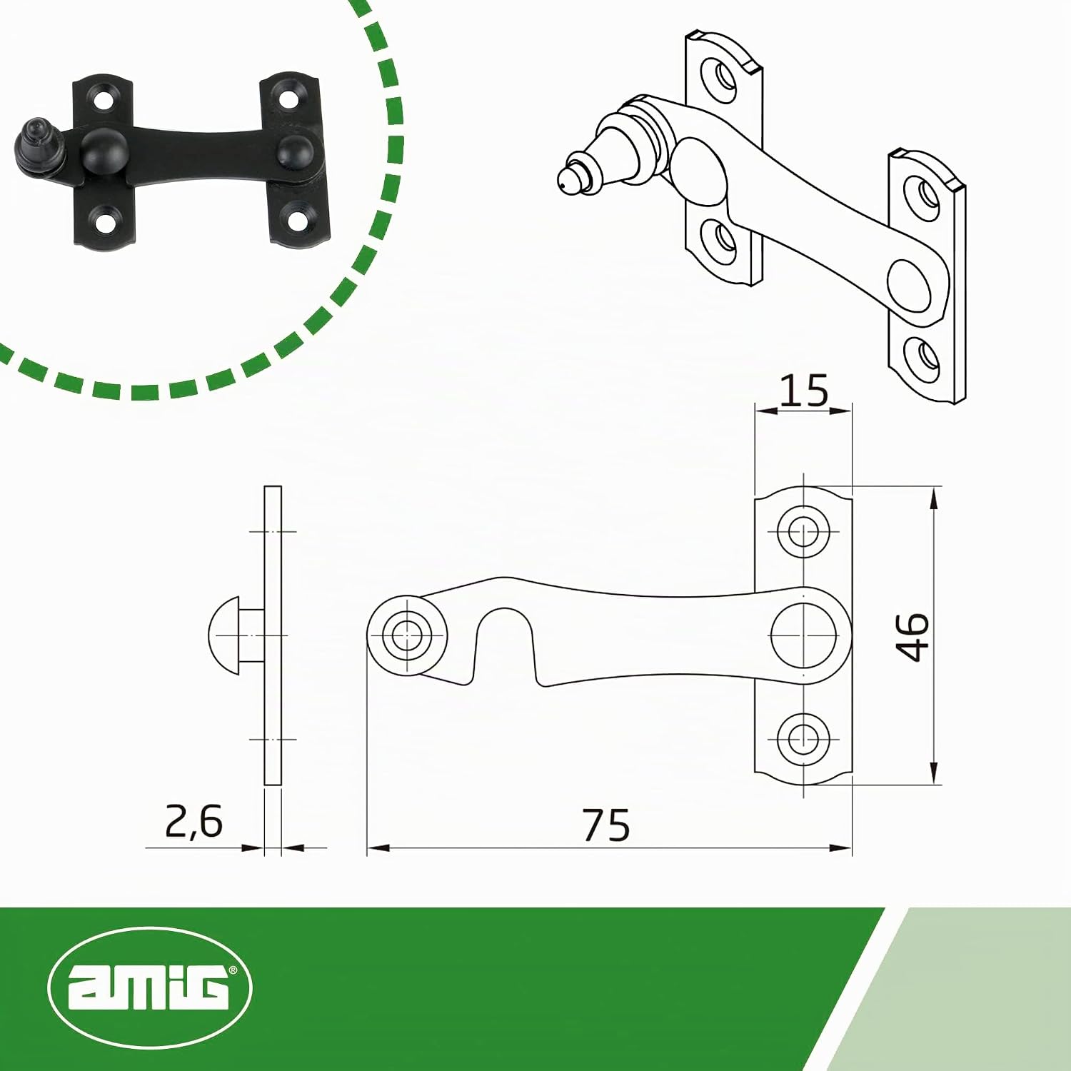  Amig - Black Knocker For Shutters With Reverse Attachment Mod. 3-75 X 46 Mm - Anti-shock And Breakage Safety Lock For Windows - Made Of Steel - With Screws