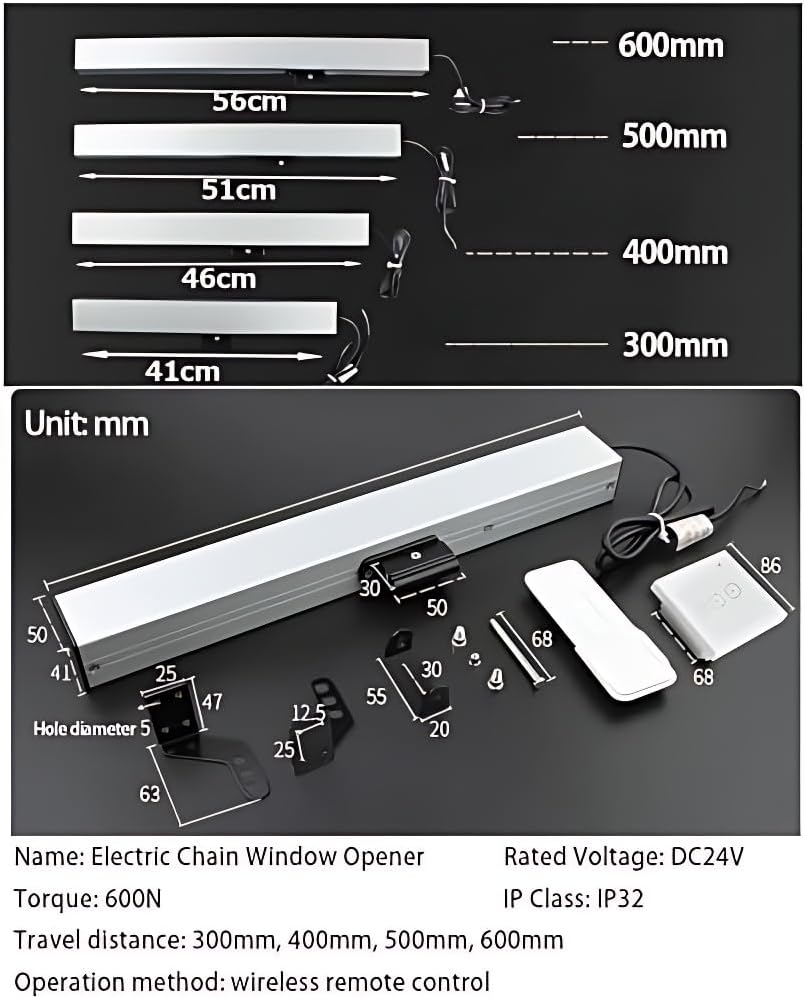  Electric Window Opener Actuator, Motorized Window Opener And Chain Closure 24V With Remote Control And Switch, 300mm-800mm For Skylights And Roof Vents