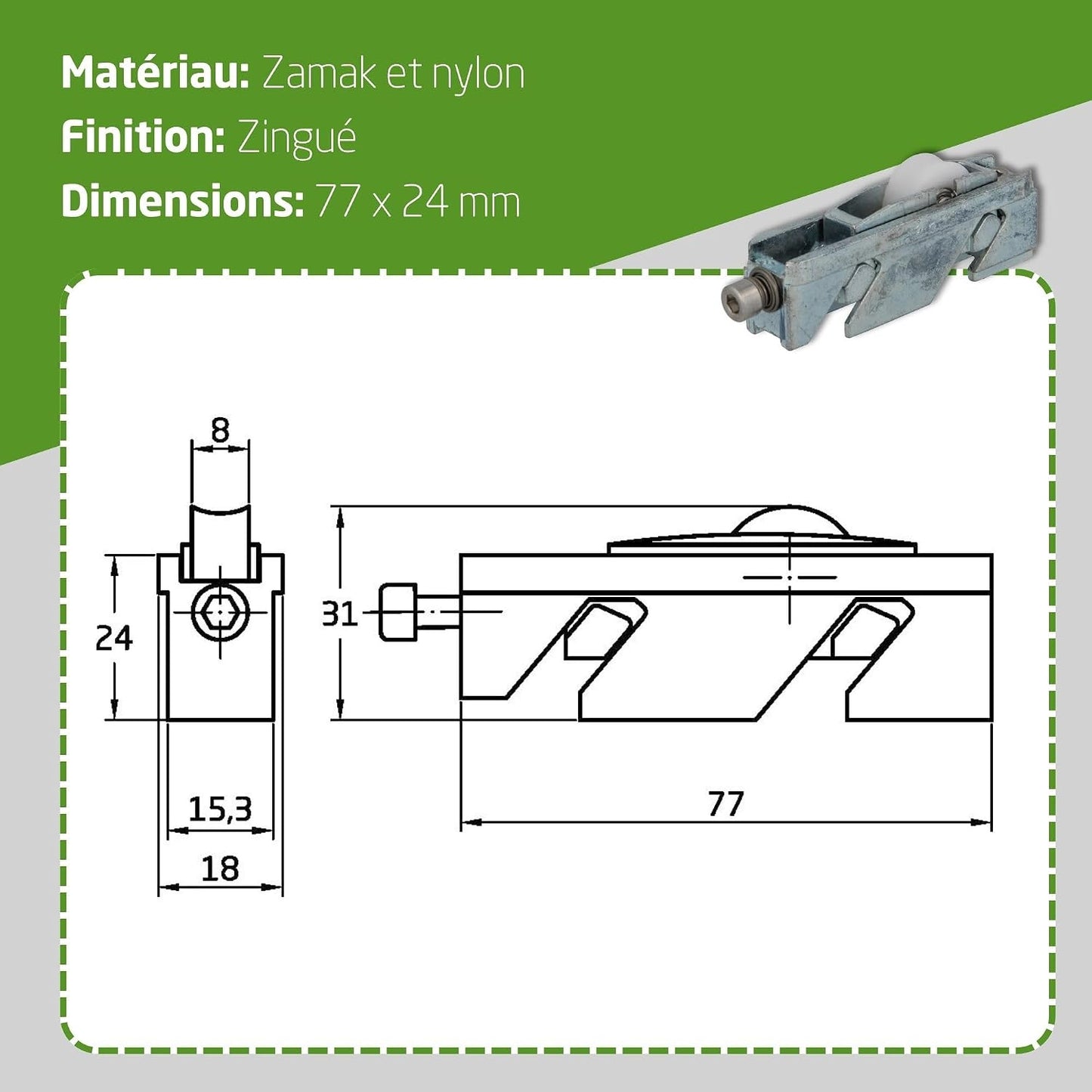  Amig - Roulement Fenêtre Coulissante | Lot De 2 Unités | Taille 79 X 21 Mm | Boîtier Métallique Réglable | Roulement à Aiguilles | Conçu Pour Les Fenêtres Coulissantes | Zamak Zincé