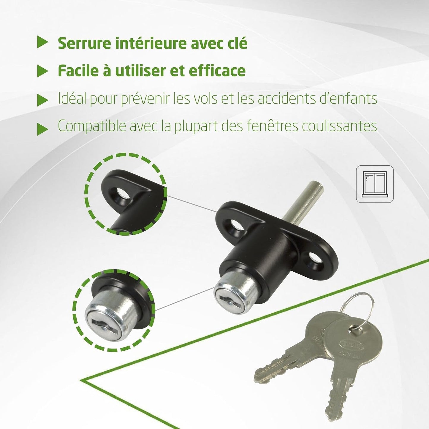  Amig - Security Lock For Sliding Windows Mod.45 | Zip Lock With 2 Keys + Lag Screws For Installation | Steel Black Finish | Dimensions: 53 X 23 Mm