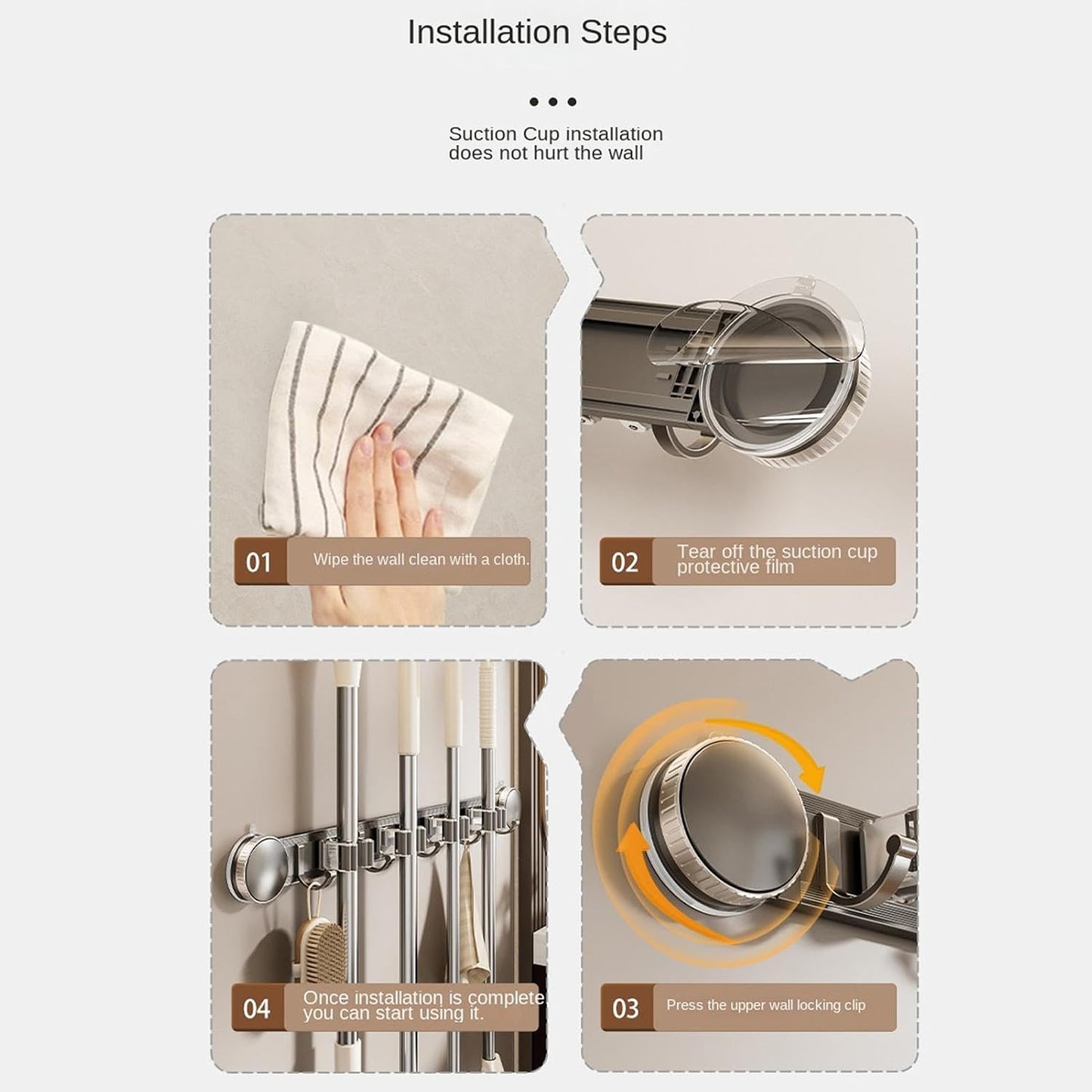  Générique Support Serpillère Mural | Supports À Ventouse Antirouille Haute Résistance,Organisateur D'Outils De Nettoyage Domestique,Maison Dortoir Bureau Chambre Salon Salle De Bain