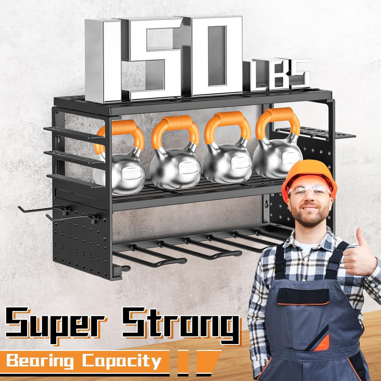  Support Mural Pour Outils électriques, Capacité De Charge De 68 Kg Avec 4 Supports De Perceuse, étagère Utilitaire à 3 Couches Pour Rangement De Garage Et D'atelier (noir)