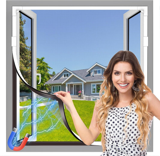  Adjustable Window Screen Replacement Magnetic Window Screen - Grey Fiberglass Mesh - No Drilling - Easy To Cut - For Sliding, Swing, Hanging On Top - Fits