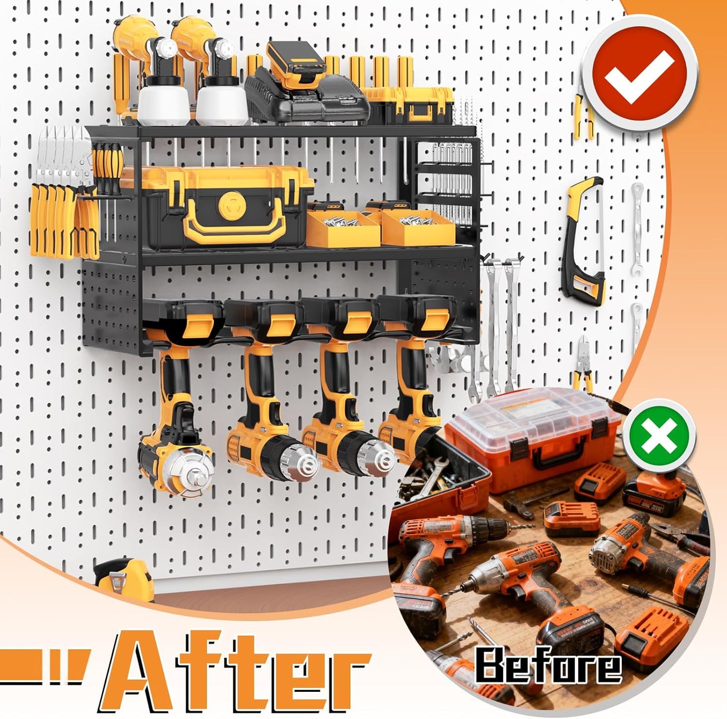  Support Mural Pour Outils électriques, Capacité De Charge De 68 Kg Avec 4 Supports De Perceuse, étagère Utilitaire à 3 Couches Pour Rangement De Garage Et D'atelier (noir)