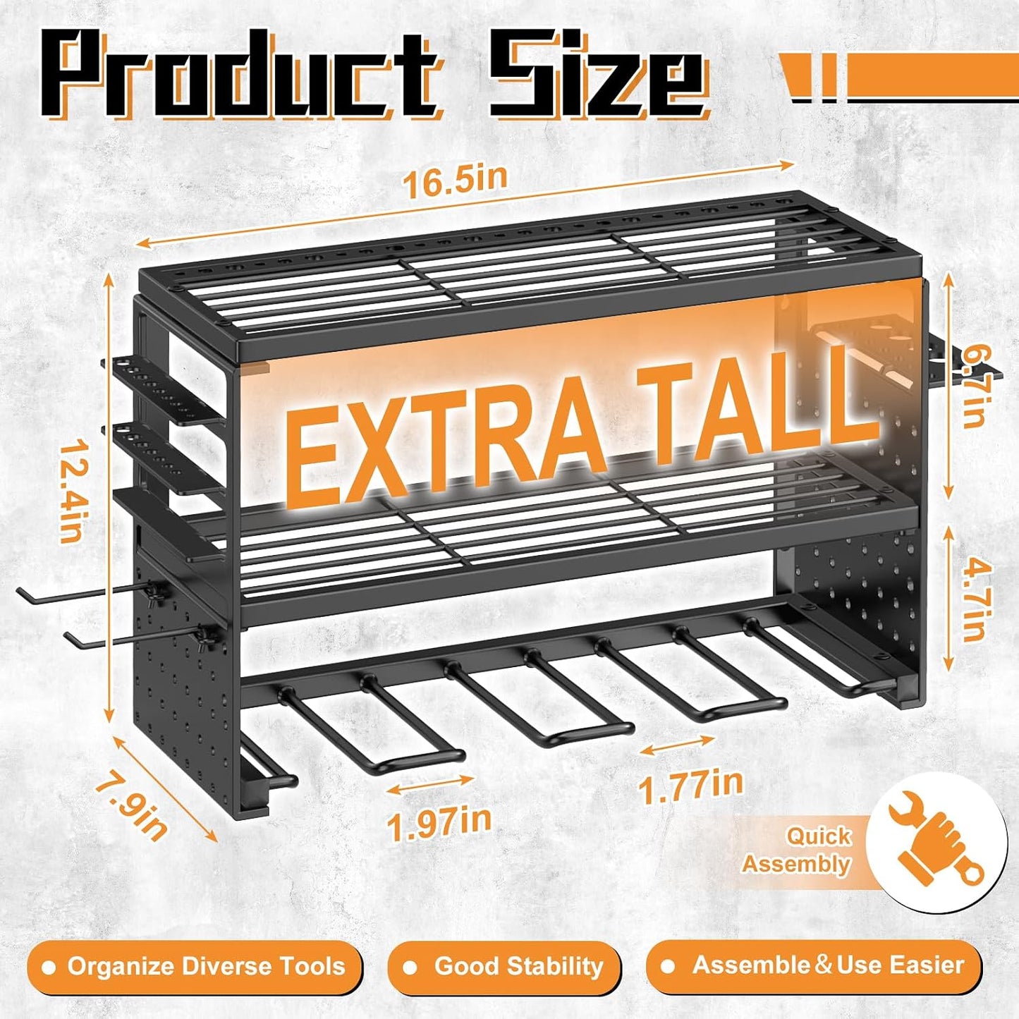  Support Mural Pour Outils électriques, Capacité De Charge De 68 Kg Avec 4 Supports De Perceuse, étagère Utilitaire à 3 Couches Pour Rangement De Garage Et D'atelier (noir)