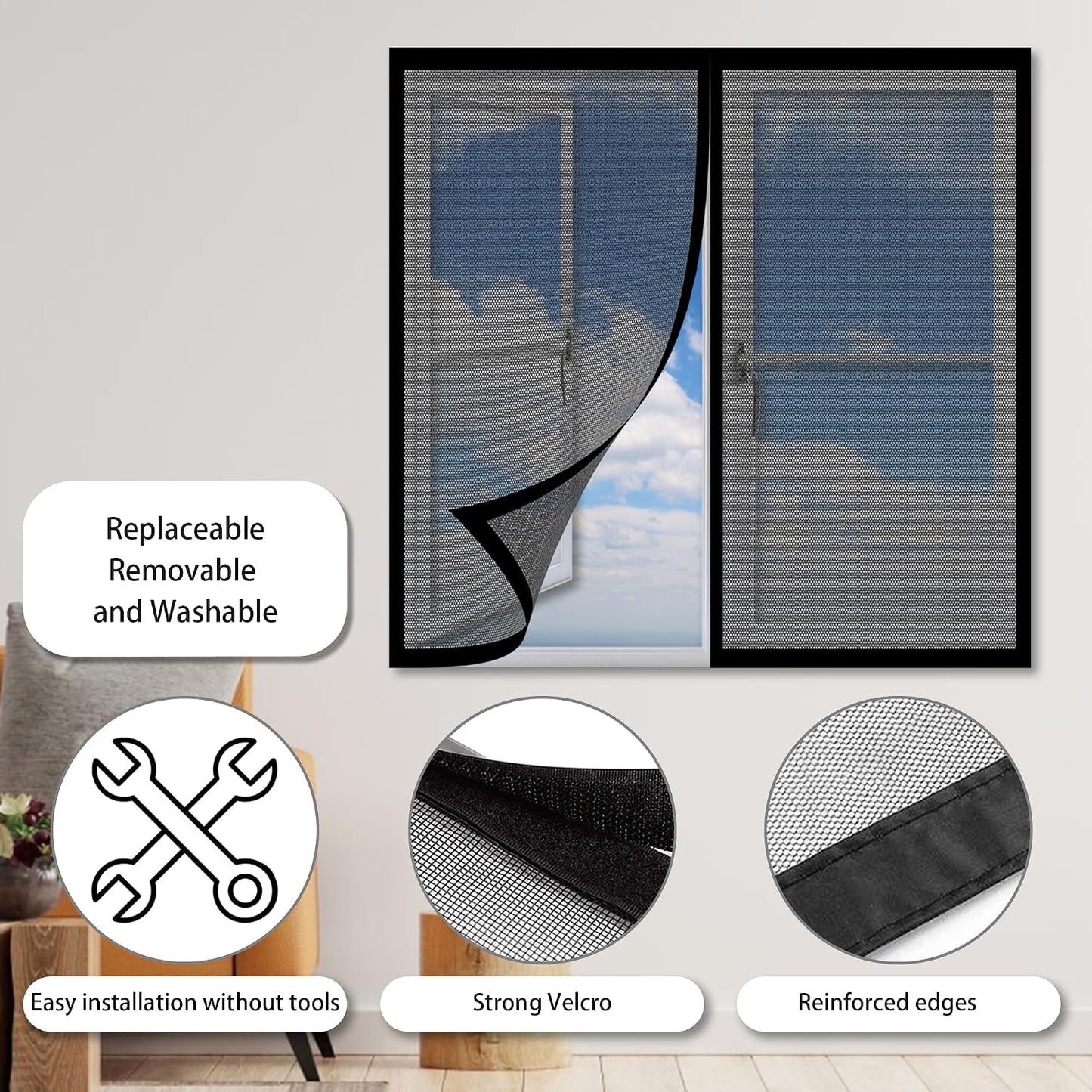  Magnetic Door Or Window Mosquito Net 86 X 113 Cm Self-Adhesive Mesh Curtain With Automatic Closing No Drilling For Corridors Windows Patio, Black