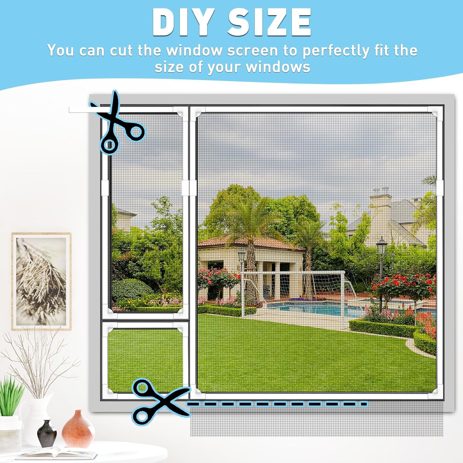  Adjustable Window Screen Replacement Magnetic Window Screen - Grey Fiberglass Mesh - No Drilling - Easy To Cut - For Sliding, Swing, Hanging On Top - Fits